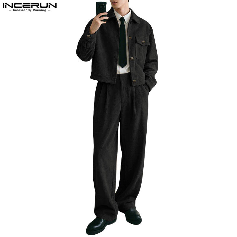 INCERUN Men's Corduroy Long Sleeve Jacket+Pants Casual Set | Shopee ...