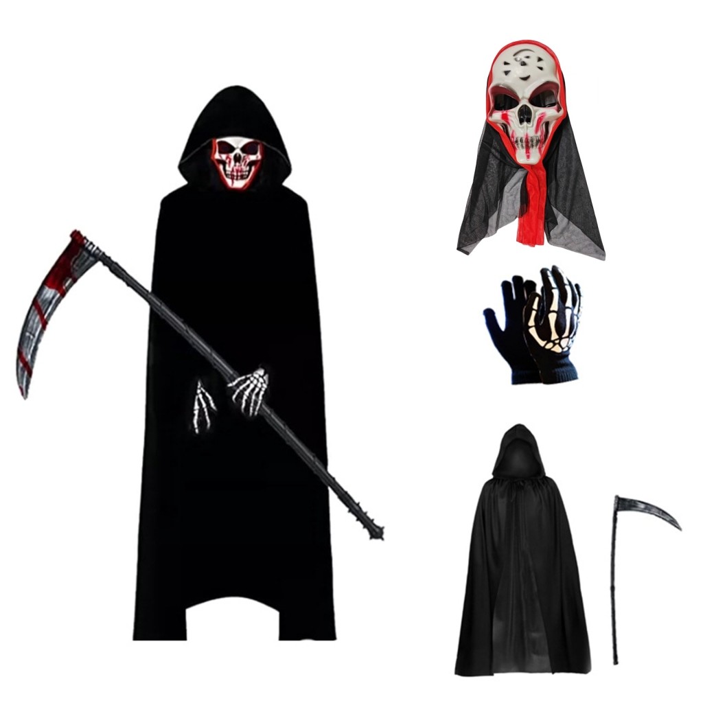 Grim Reaper Costume for Big Kids Full Set with Hooded Cape & Scythe ...