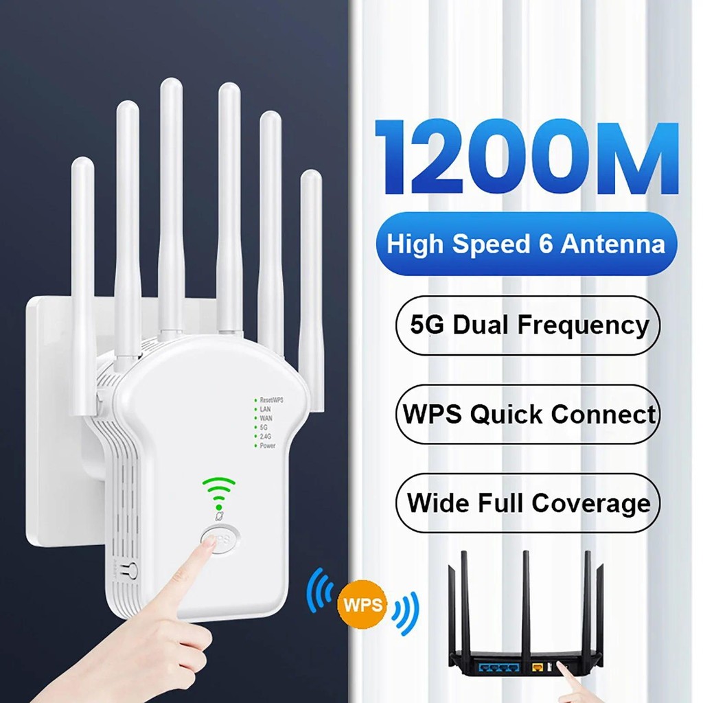 WiFi Repeater Wireless Router 1200Mbps High 6 Antenna Network Amplifier ...