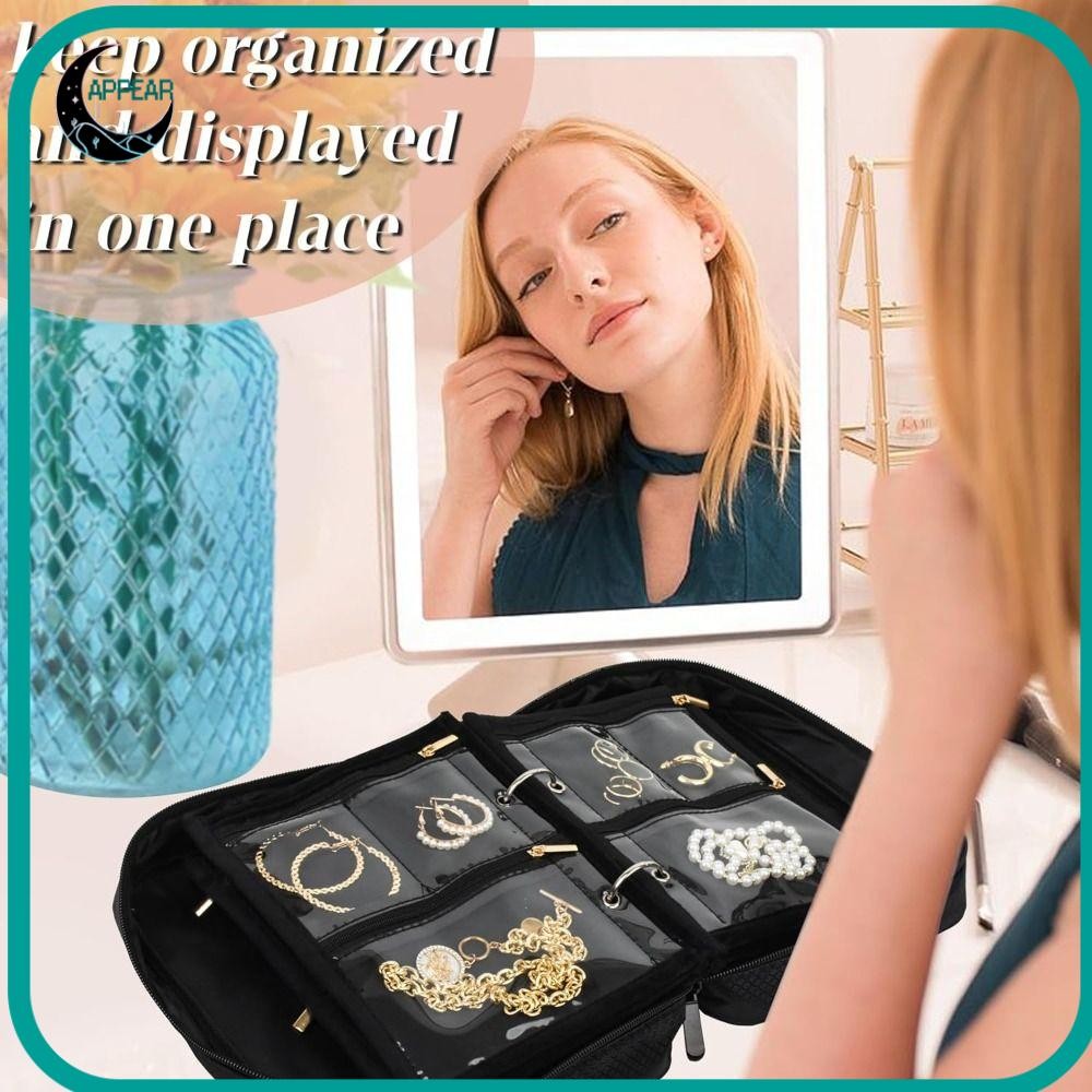Travel Jewelry Organizer Case - Book Binder Style With Clear Zipper Pouches For Earrings, Rings, Necklaces