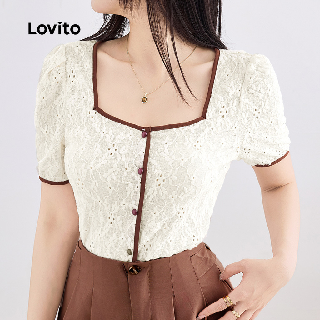 Lovito Elegant Women Blouse Plain Colorblock Eyelet Embroidery Summer ...