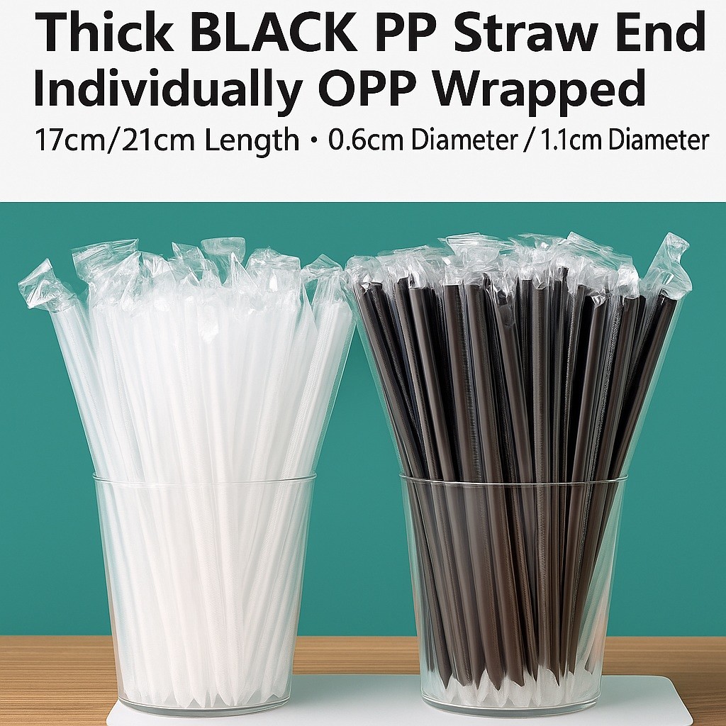 Black & White PP Boba Straws 19cm / 21cm Individually Wrapped Sharp End ...