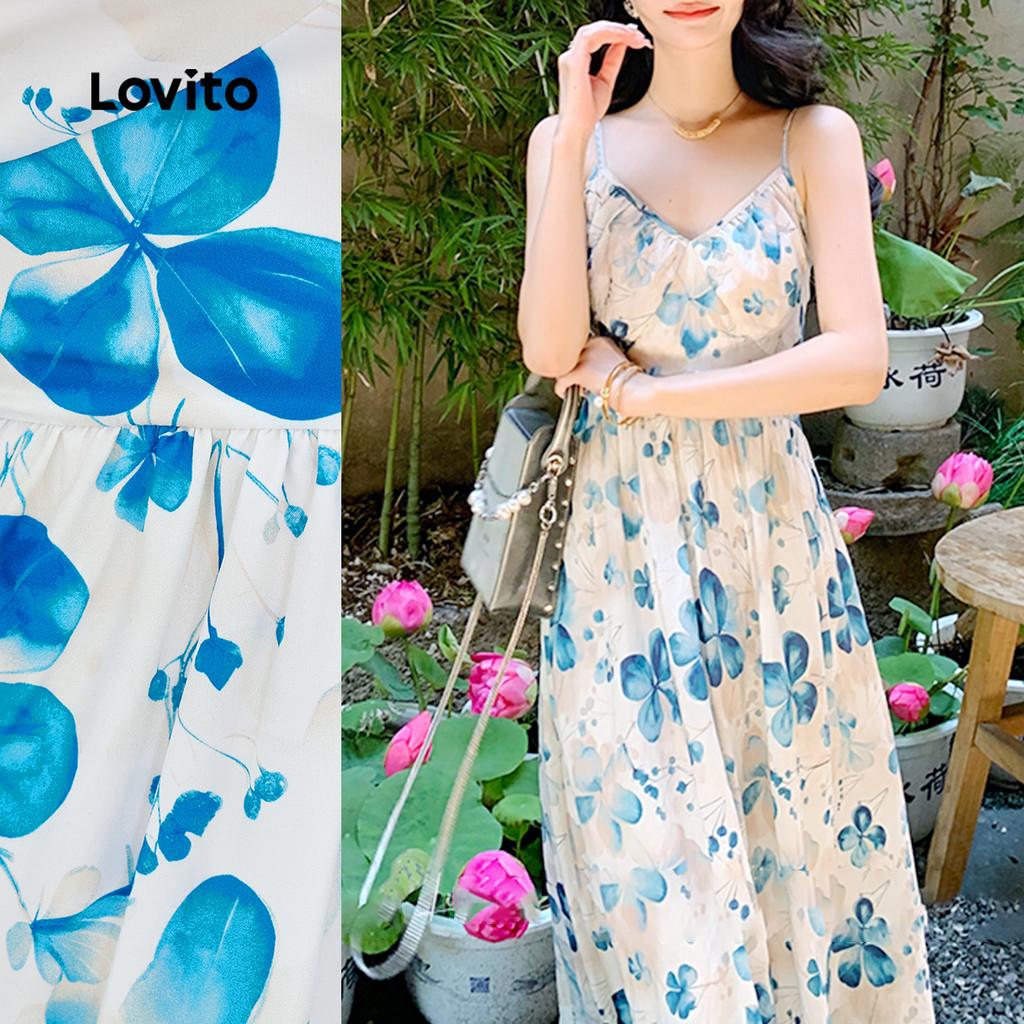 Lovito Women Elegant Dress Colorblock Spring/summer Blue Dress ...