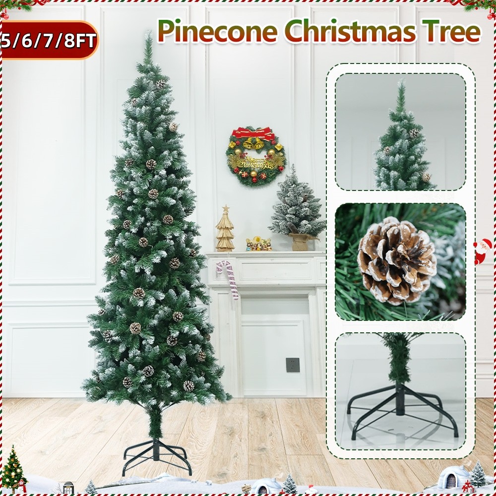 NEW PVC Slim Christmas tree pointed spray with white pine cones 5/6/7 ...