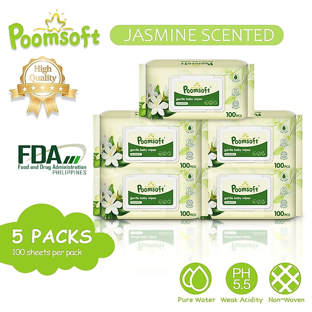 Poomsoft 5 Packs x 100 Sheet Jasmine Scented No-Alcohol Gentle Baby ...