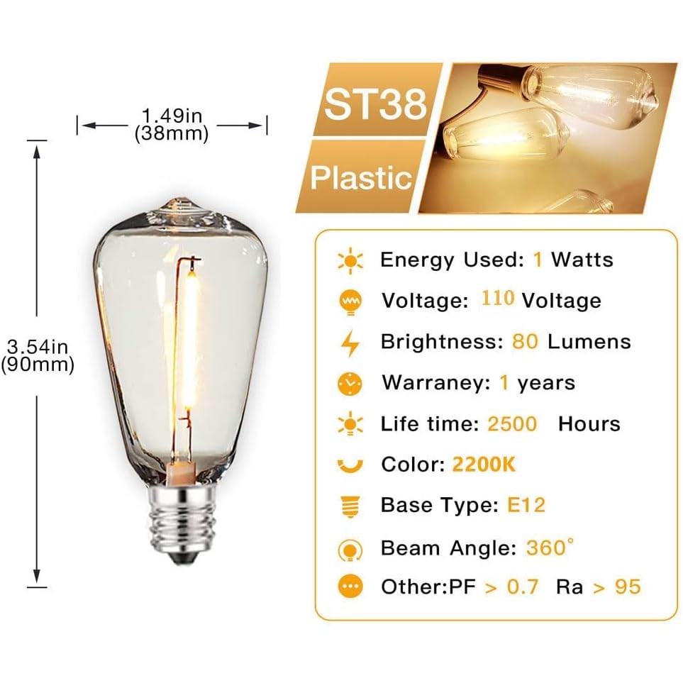 15-Pack ST38 110V E12 Base LED String Light Bulbs 1W LED Edison ...