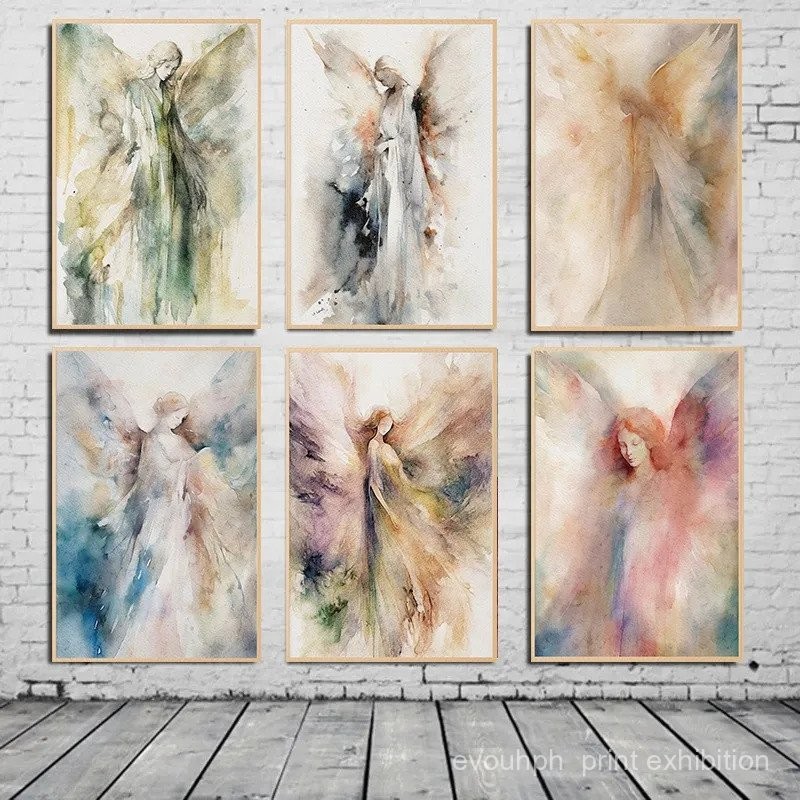 Abstract Angel Watercolor Poster Religious Wall Art Christmas Guardian ...