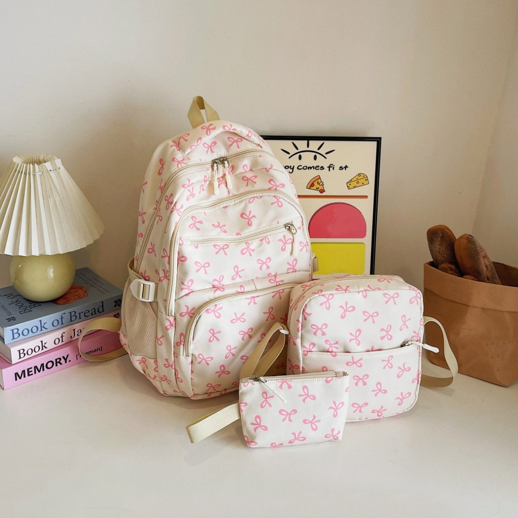 Three-Piece Set Bow Backpack Girl Heart Preppy Style Floral Backpack ...