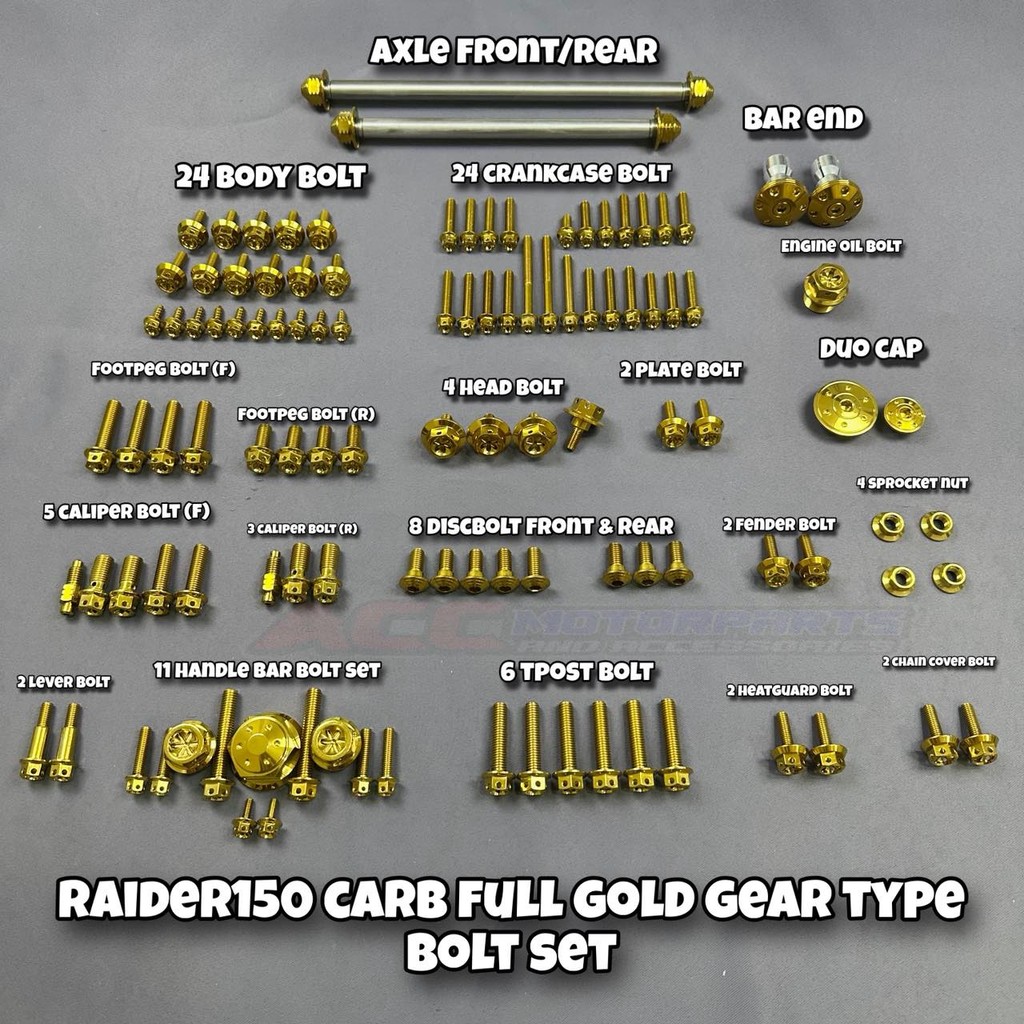 RAIDER 150 CARB / R150 GOLD BOLTS SET (SOLD PER PARTS) - STAINLESS ...