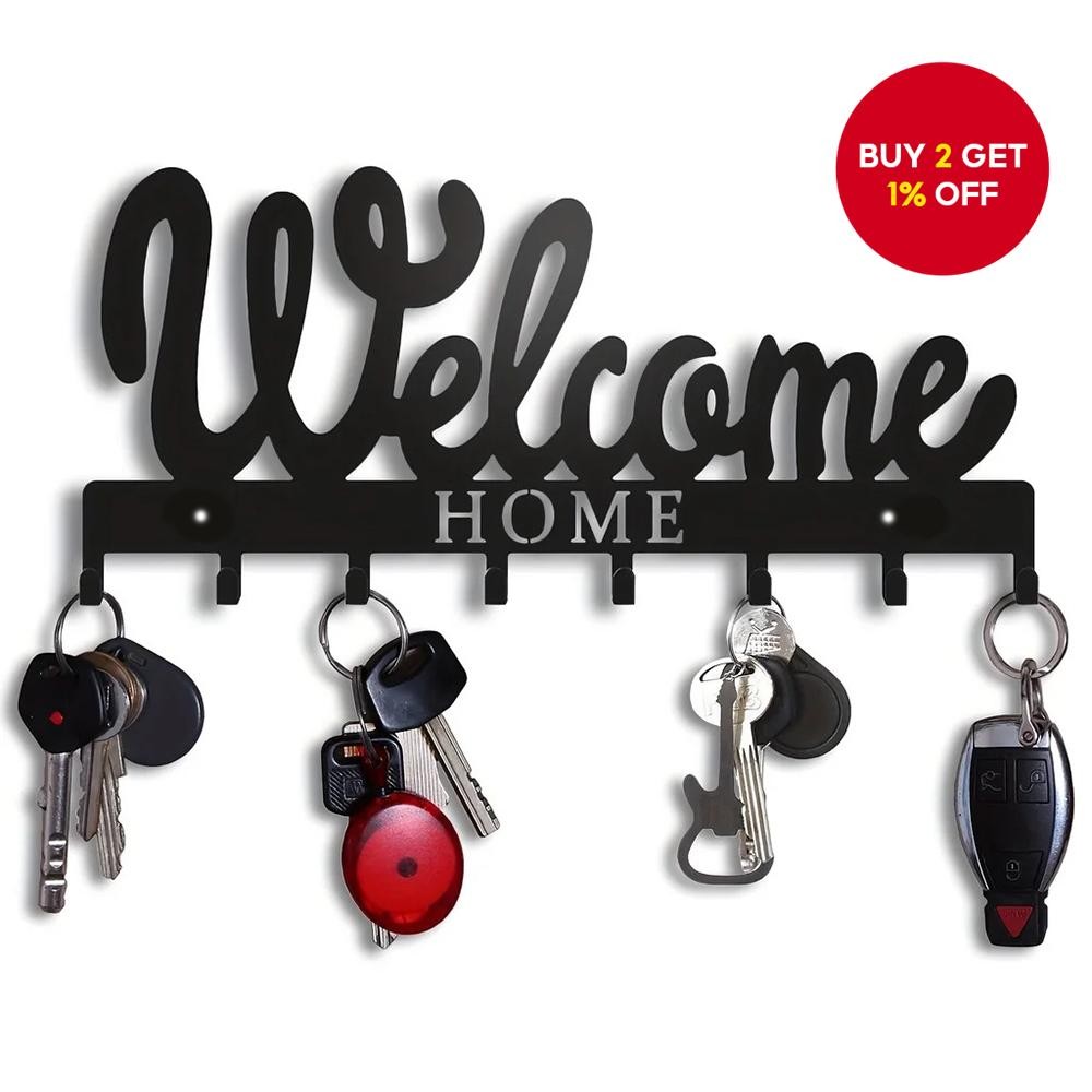 Decorative Wall Key Holder – Black Metal WELCOME Design Key Rack with 8 ...
