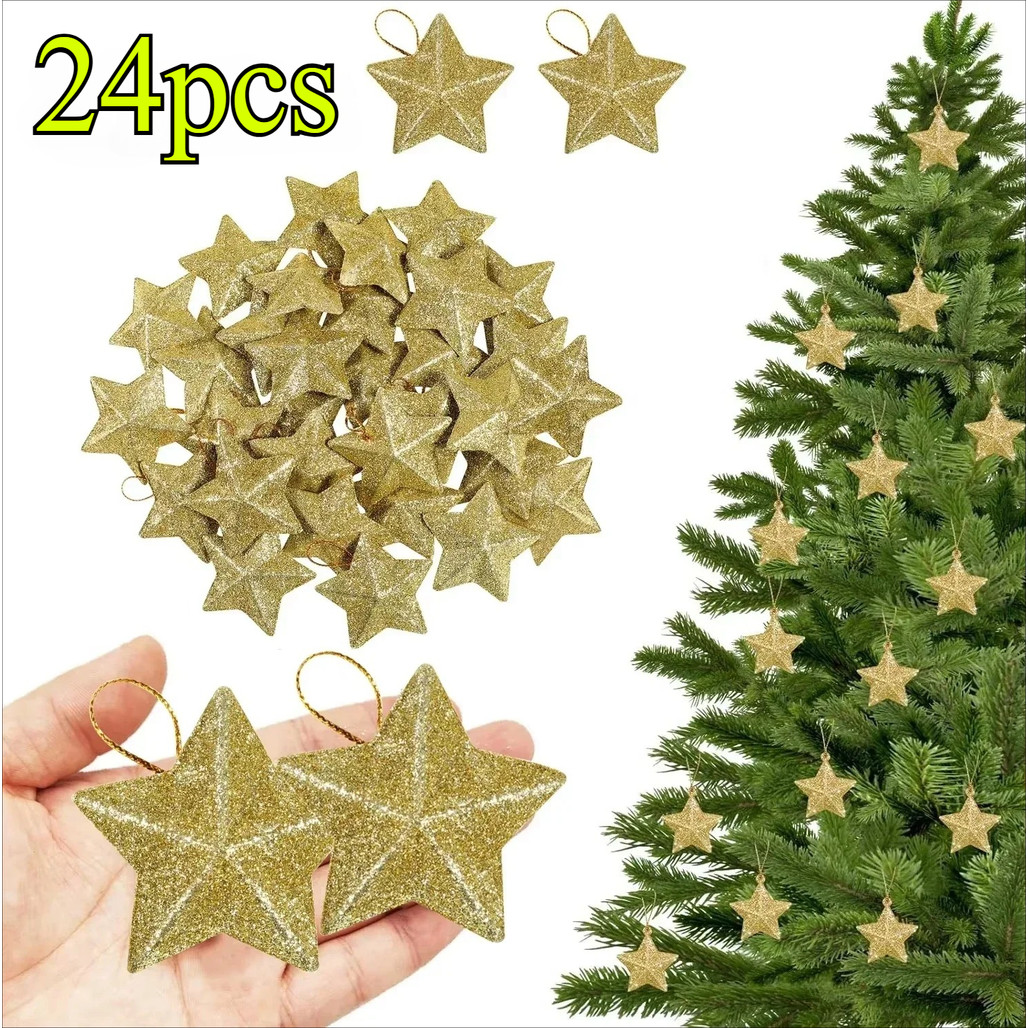 24pcs Gold Glitter Star Ornaments Christmas Tree Hanging Pendant 2024 ...