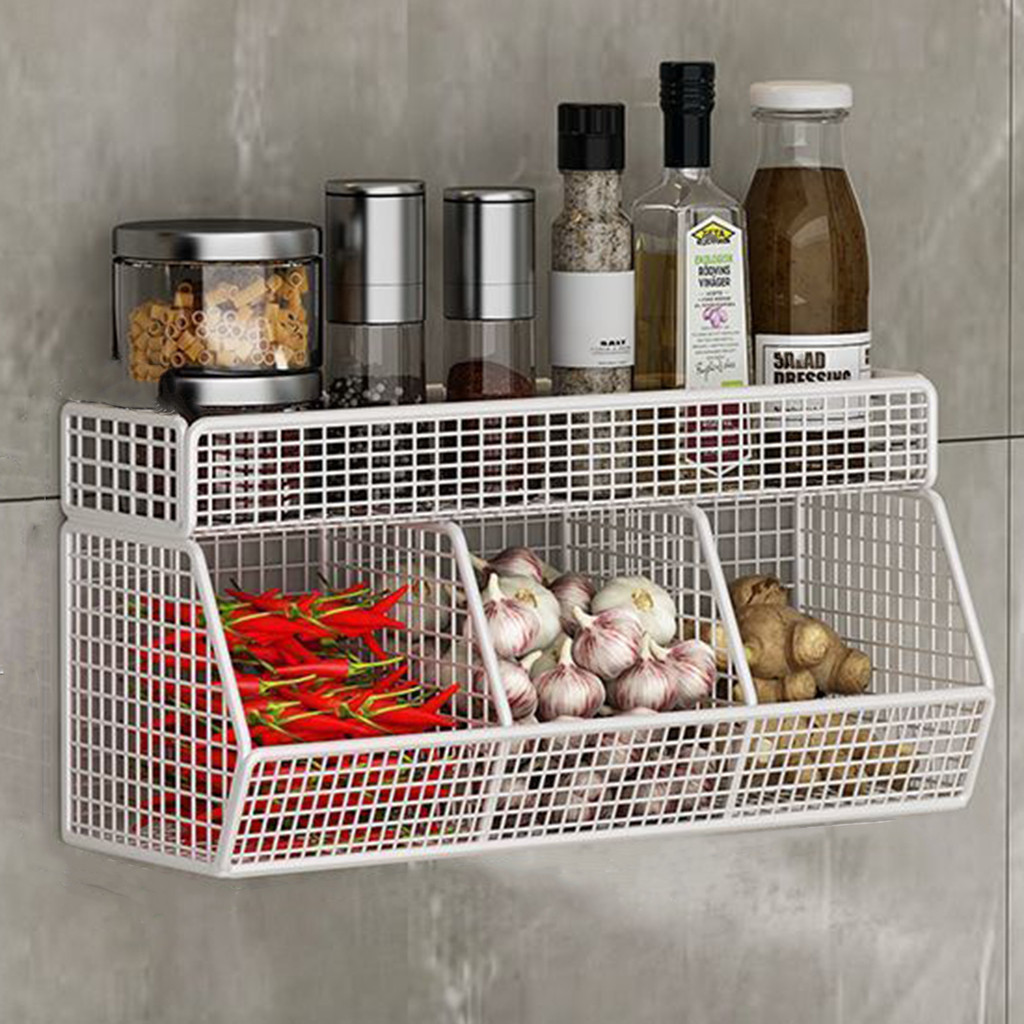 Kitchen Wall Mounted Rack Garlic Ginger Onion Storage Basket Seasoning ...