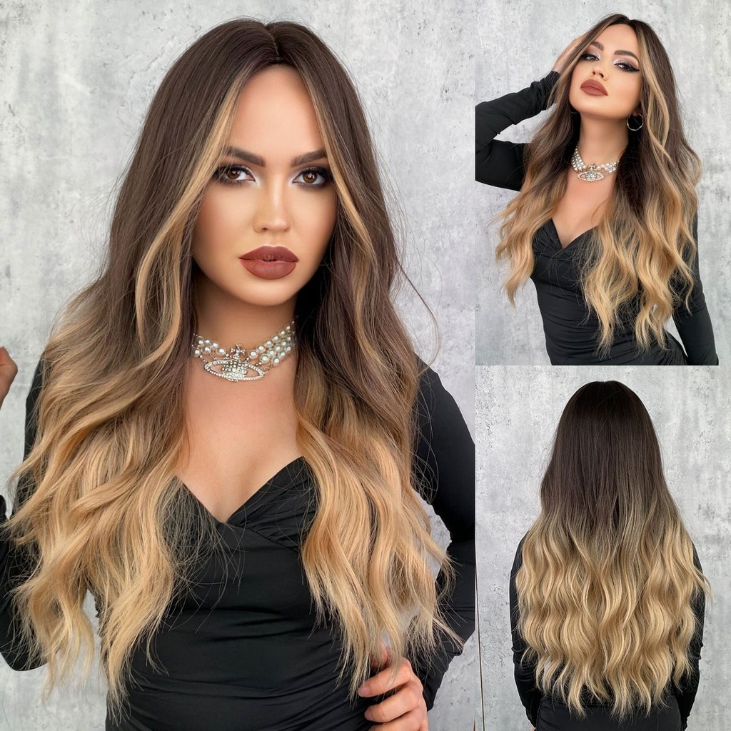 European and American Wave Gradient Golden Brown Long Wig for Women ...