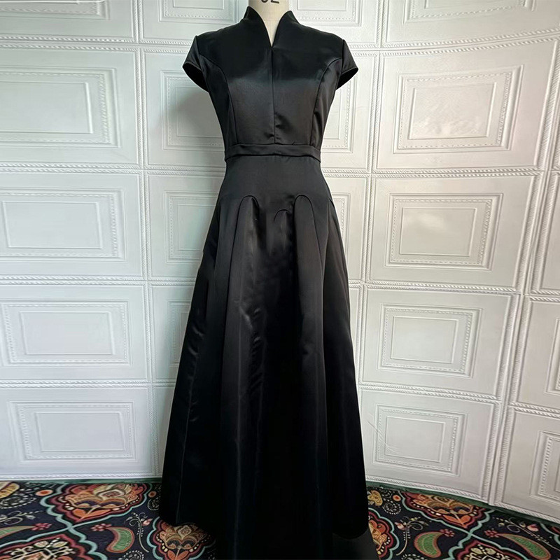 black dress for debut Satin Stand Collar Split Neck Short Sleeve Heavy Satin A Line Midi Wedding Guest ROM Bridesmaid 18th Tea Ceremony Birthday Formal Cocktail Gown Plus Size Available up backs. NA-10.07.25AM The Little Black Dress: Size:XS-S / 2-4