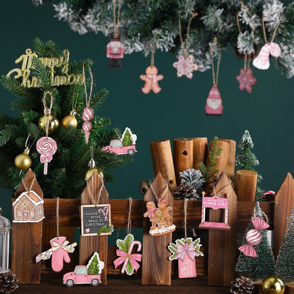 Huwena 40 Pcs Christmas Wooden Ornaments Pink Pastel Christmas ...