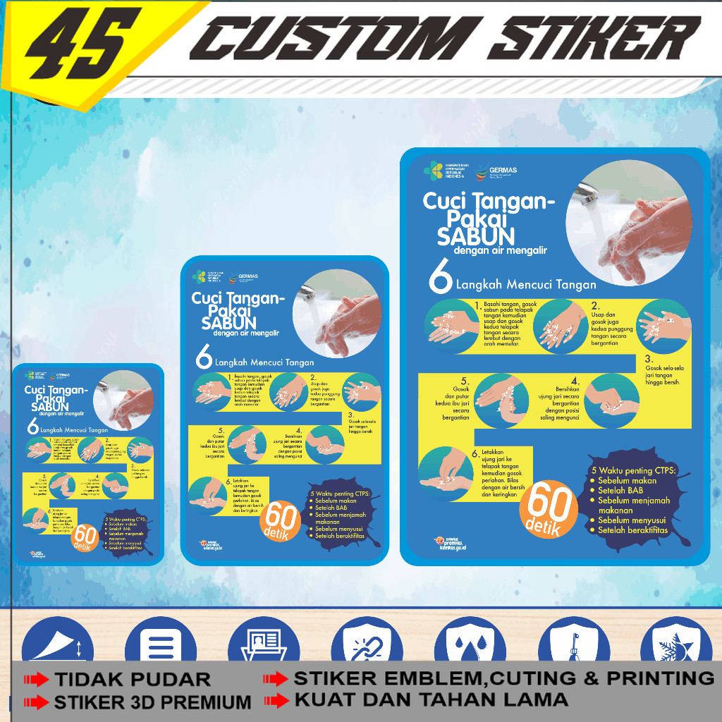 6-Step Waterproof Vinyl Sticker for Washing Hands and Health, Glossy ...