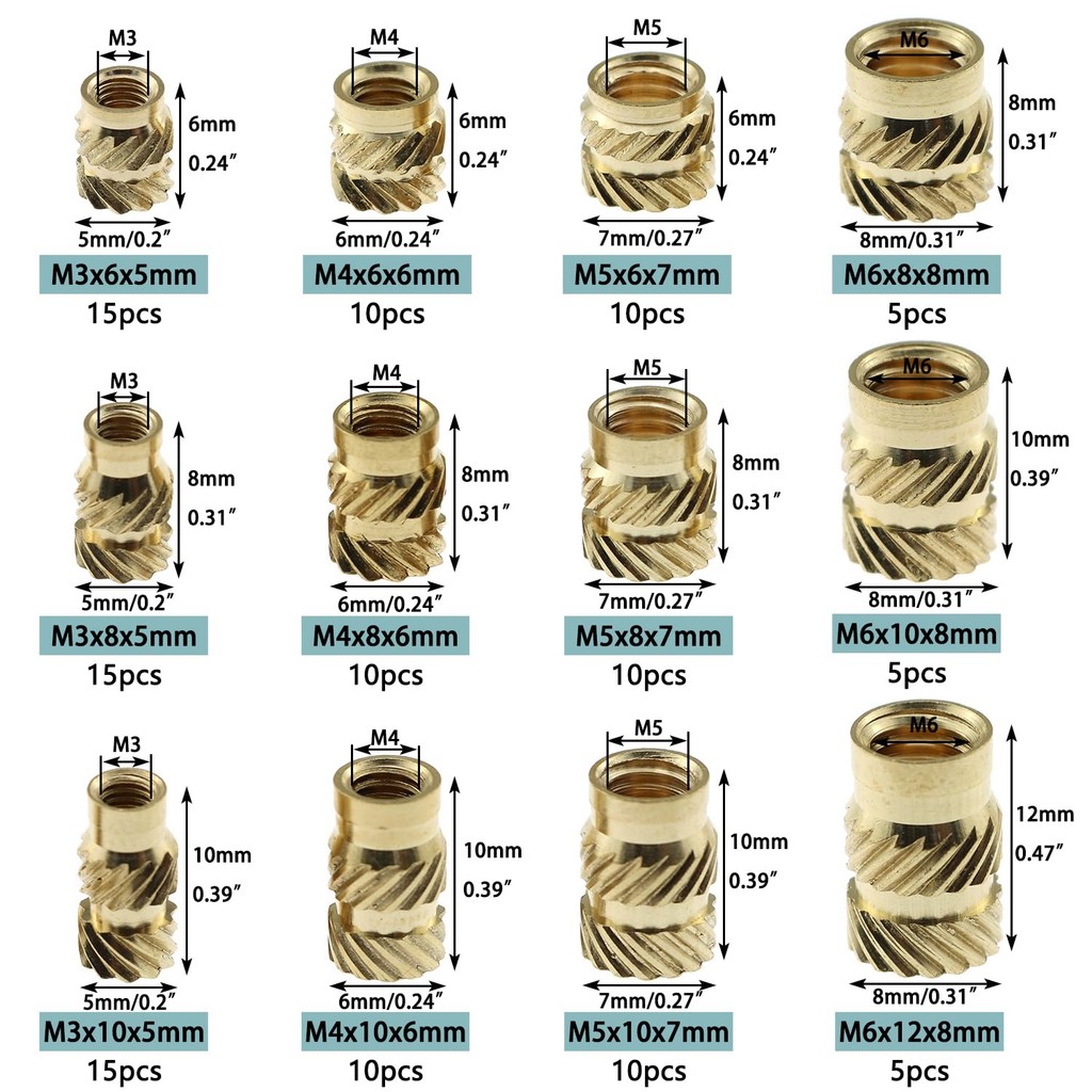 120PCS M3 M4 M5 M6 Twill Knurled Nut Brass Threaded Insert Nut ...