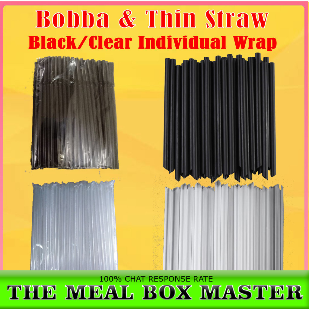 100pcs per pack Individual Wrap Boba and Thin Straw Clear or Black ...