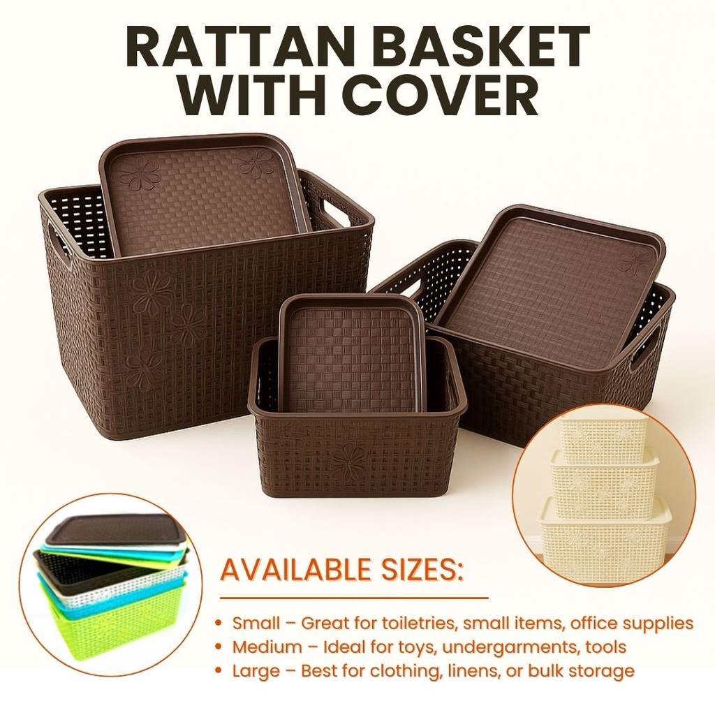 Multi-Purpose Rattan Style Basket with Lid Storage Box & Organizer for ...