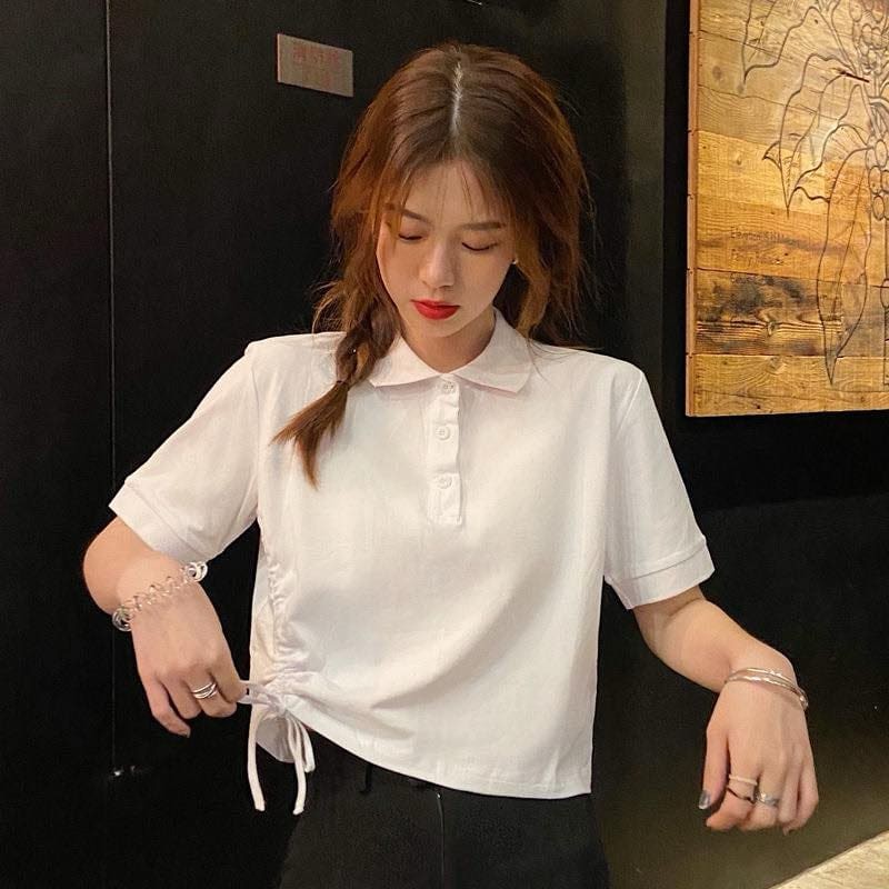 Polo Cropped Tie Waist Adjustable String Plain Collared Tops Summer ...