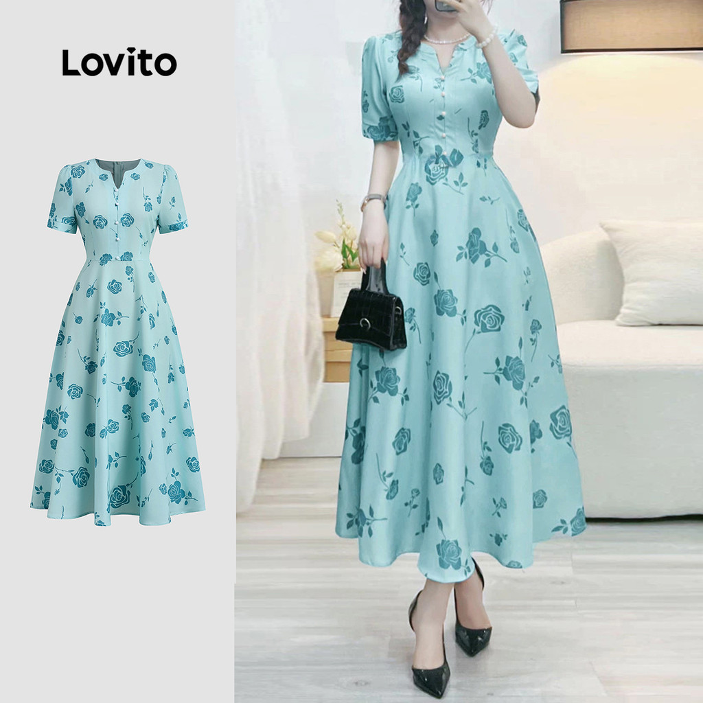 Lovito Women Elegant Dress Korean Button Front Spring/summer Blue Dress ...
