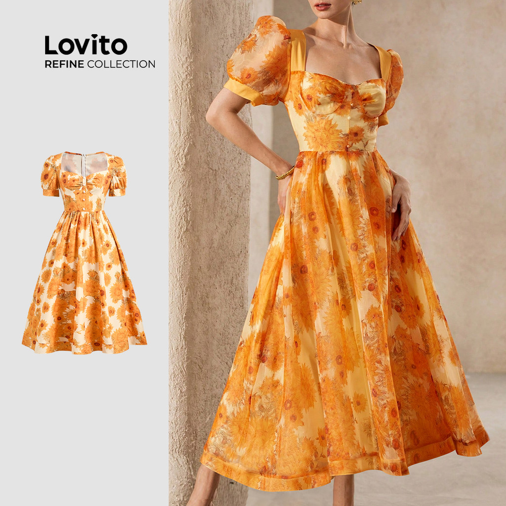 （Lovito Refine) Women Vintage Dress Structure Line Button Front Spring ...