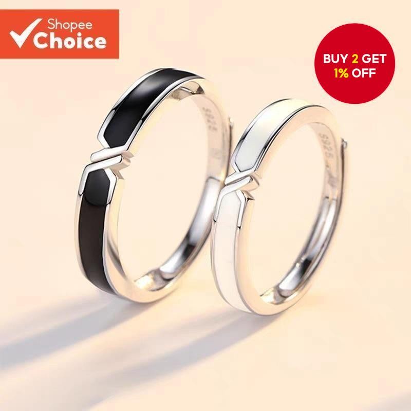 Silver Plated Black White Couple Rings Adjustable Matching Set ...