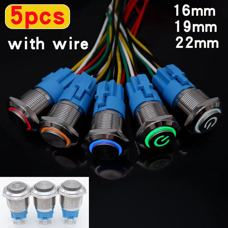 5pcs 16mm 19mm 22mm Metal Push Button Switch LED Light Momentary ...