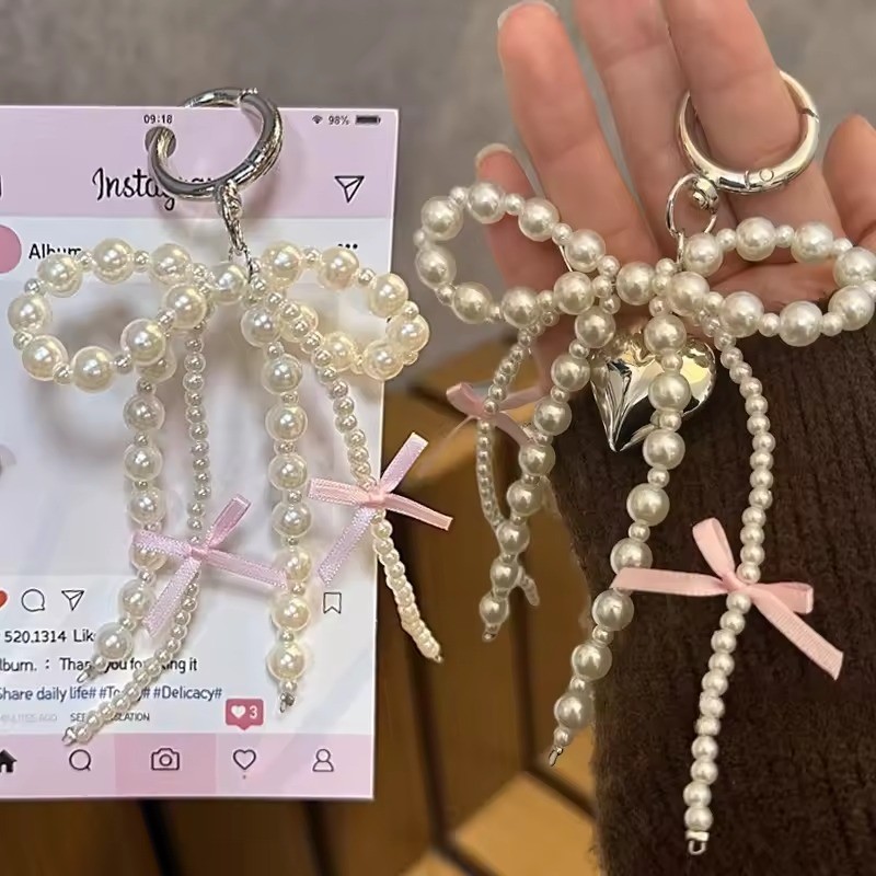 Silver Heart Pearl Bow Keychain Y2k Bowknot Keyring Sweet Bag Car Keys Charms Accessories for Women Girls main image 1