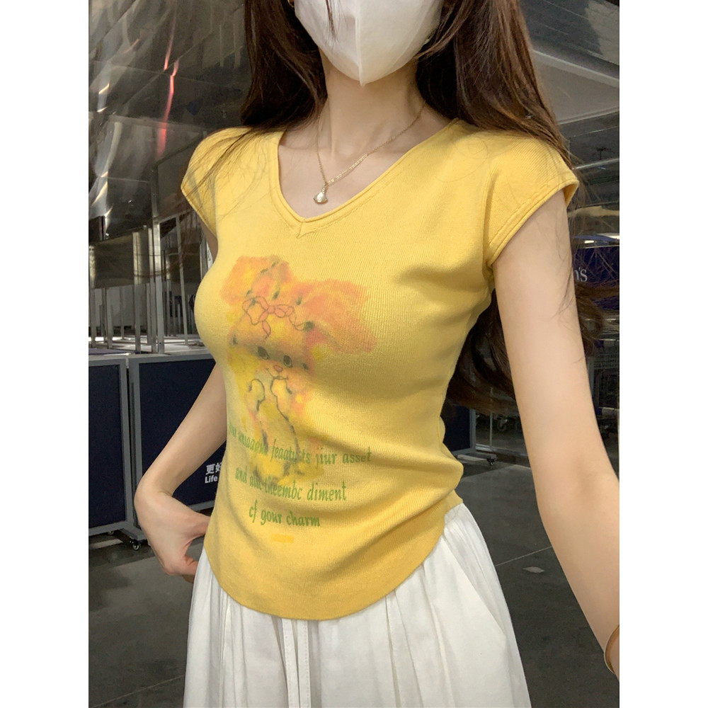 Niche Design Rabbit Print V-Neck Short-Sleeved T-Shirt 2025 Summer New ...