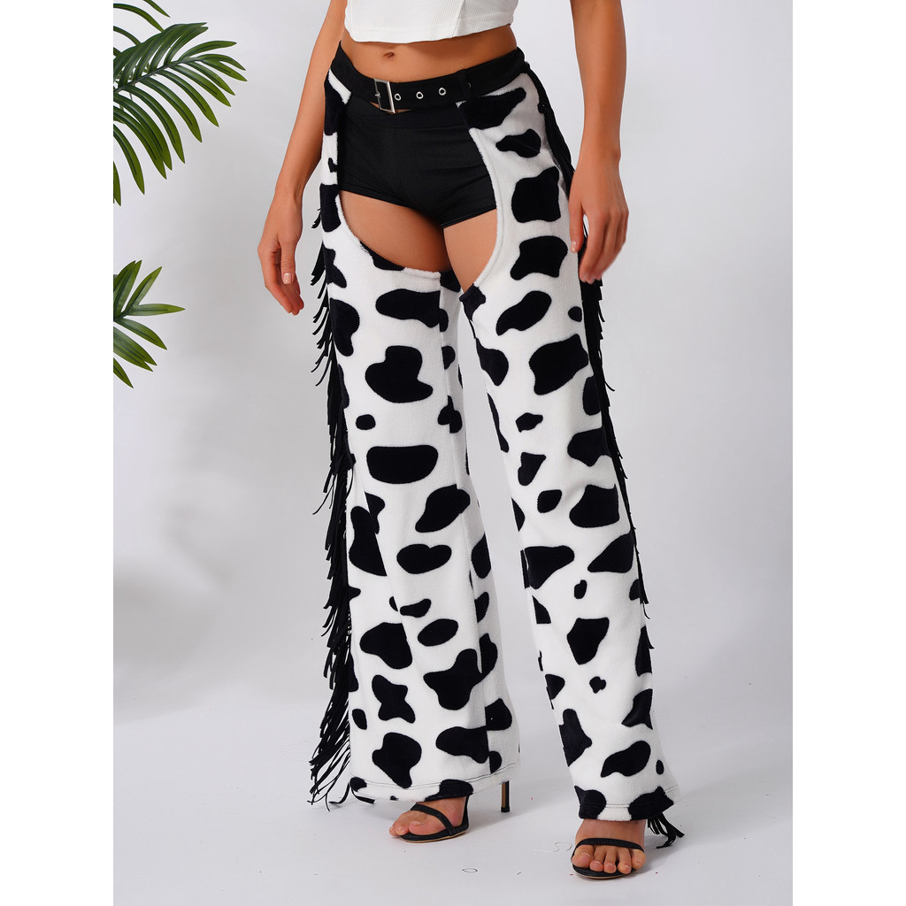 Jhaoyu Womens Cow Spot Pattern Flannel Long Pants with Side Tassel ...