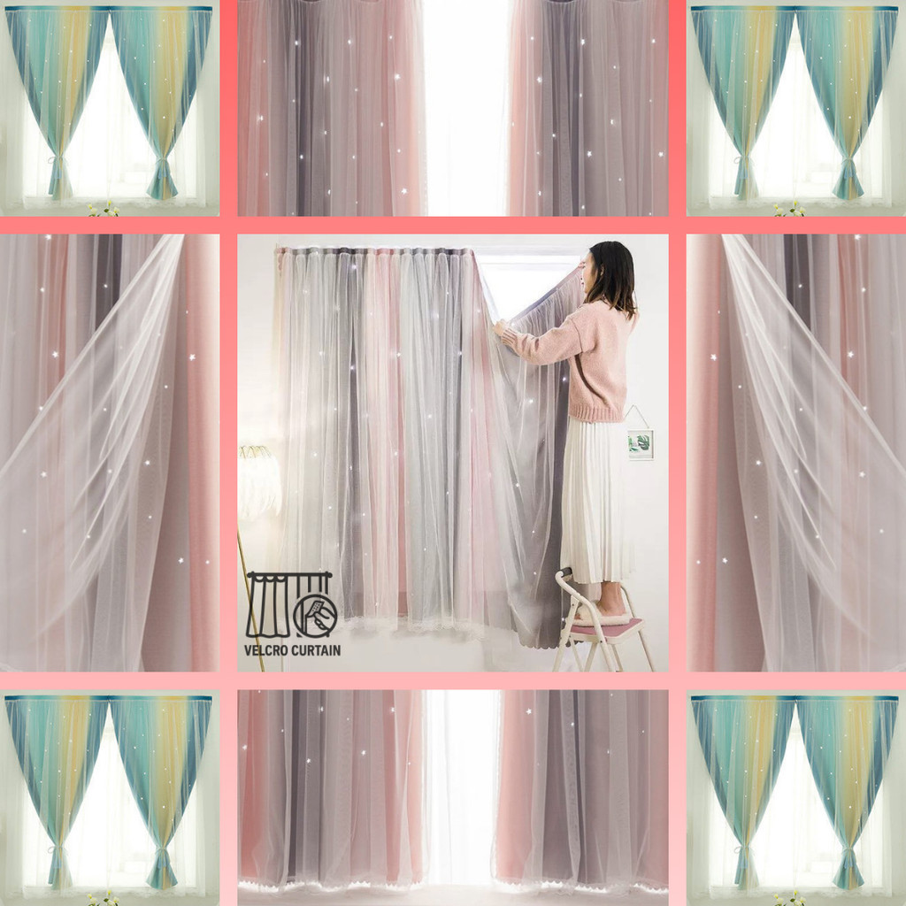 2-Layer Curtain (Opaque + Translucent) Two-Tone Color Star Pattern ...