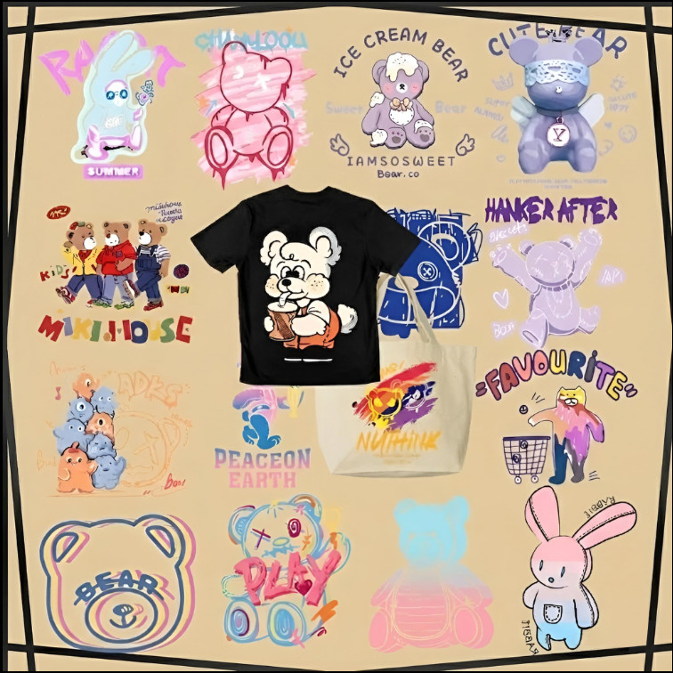 Trendy Graffiti Bear DTF Heat Transfer Sticker - HD Iron On Patch for T ...