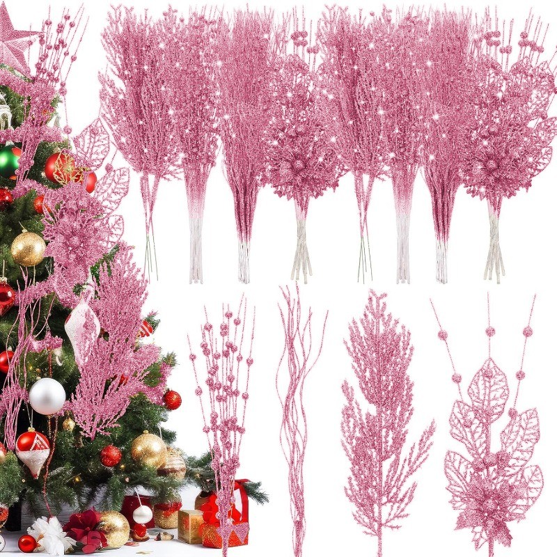 Pink Christmas Tree Picks Christmas Glitter Berries Stems 17 Inch ...
