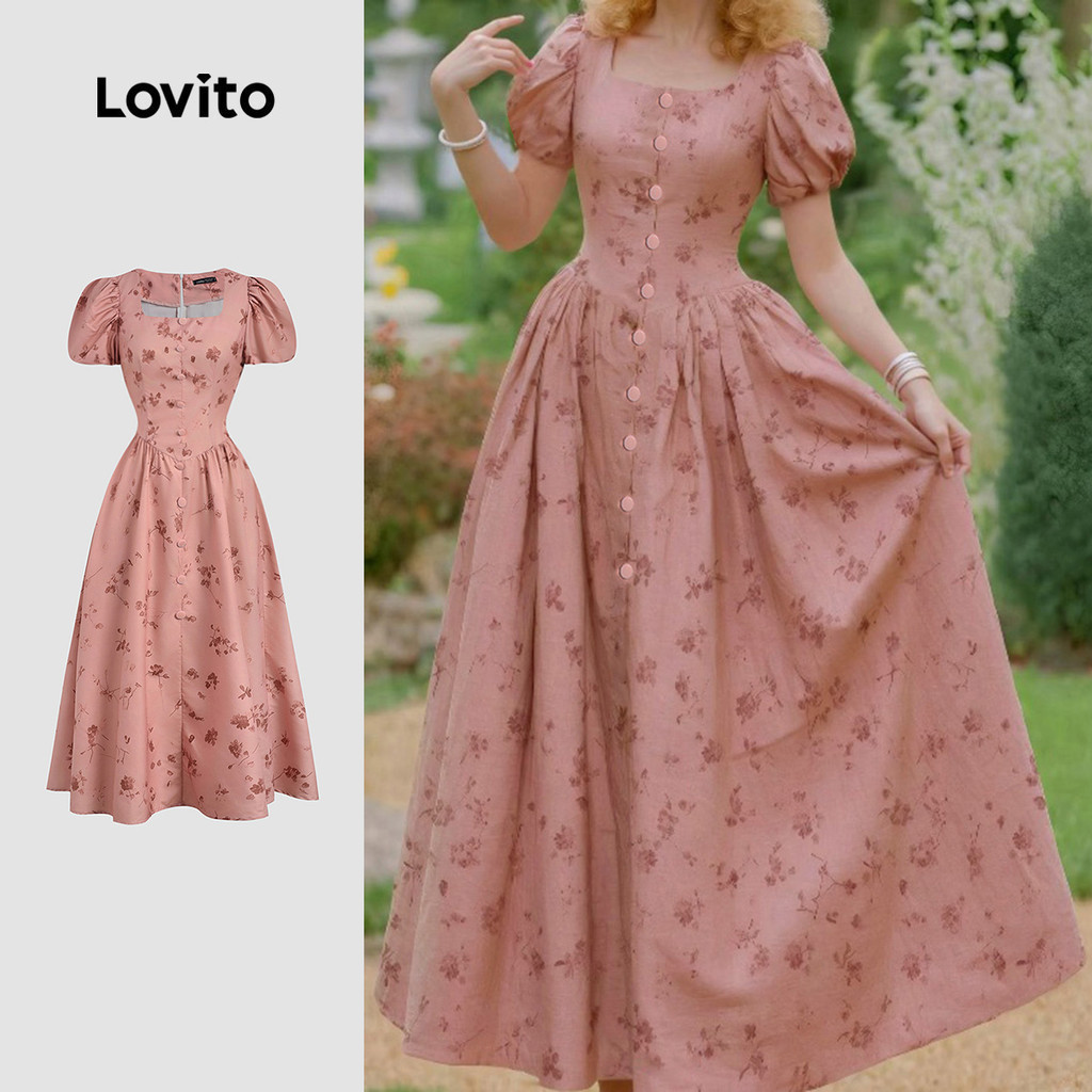 Lovito Elegant Women Dress Flowers Button Front Spring/summer Pink ...
