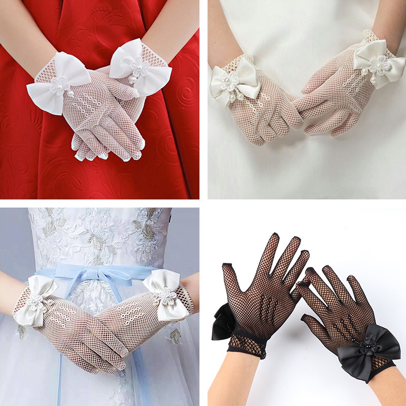 Kids Party Lace Pearl Bow Fishnet Gloves Girl Party Gloves Children's ...