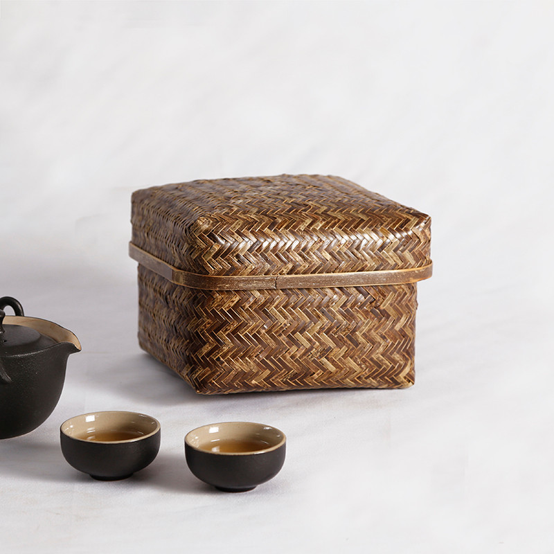 Crafts with Lid Bamboo Basket Chinese Bamboo Woven Tea Set Storage Box ...