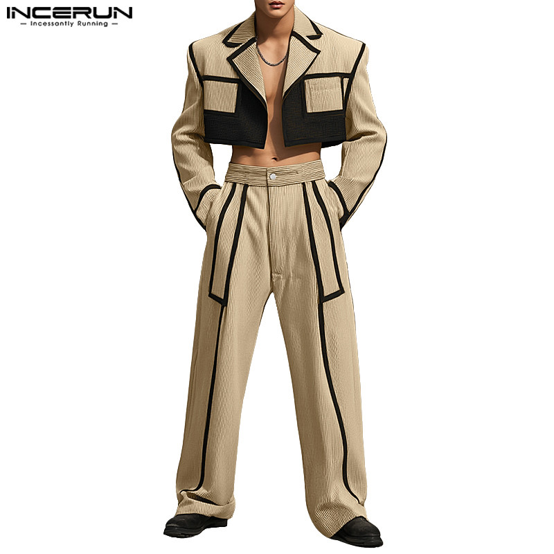INCERUN Men's Corduroy Splicing Contrast Cut Long Sleeve Jacket+Pants ...