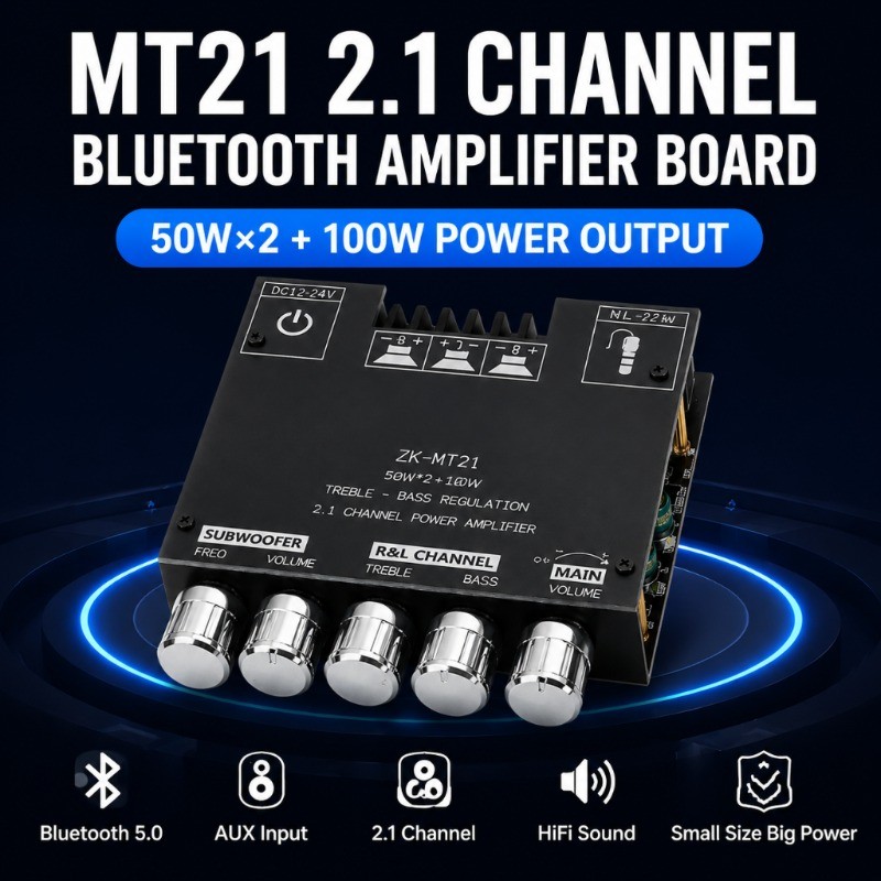 Scheda Amplificatore Bluetooth 5.0 ZK-MT21 2.1 Canali 50W×2 + 100W Subwoofer, DC 12-24V, Per Altoparlanti 15-100W