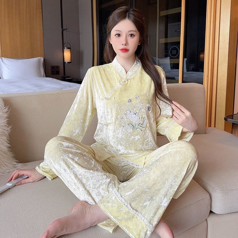 Chinese Style Gold Velvet Pajamas Women Autumn Cardigan Light Luxury ...