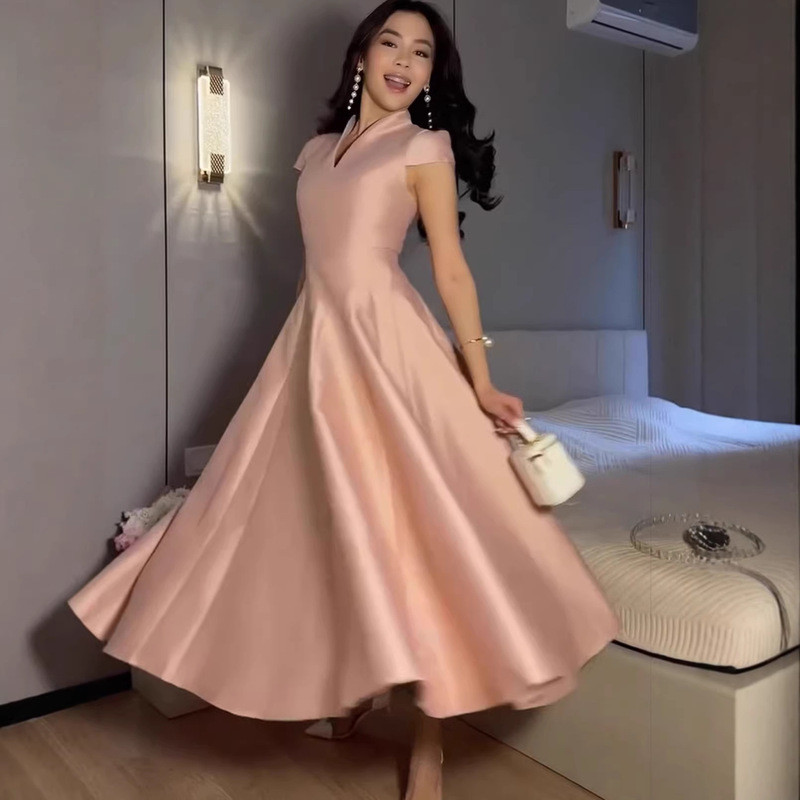 formal dress for debut guest Satin Stand Collar Split Neck Short Sleeve Heavy Satin A Line Midi Wedding ROM Bridesmaid 18th Tea Ceremony Birthday Cocktail Gown Plus Size Available hello_fall_sale