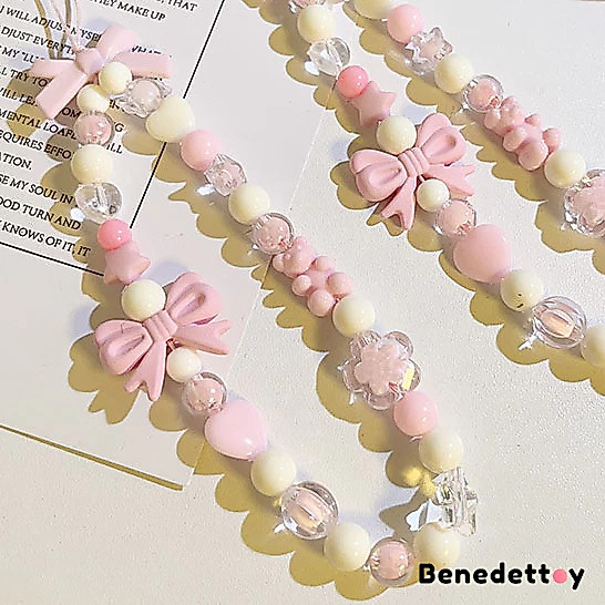 Ins Korean Phone Chain Pink Bow Beads Hanging Chain Phone Case Camera ...