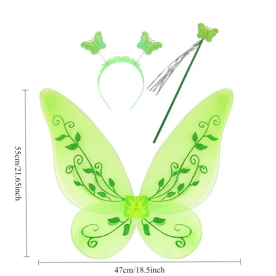 3Pcs Girls Green Fairy Cosplay Props Kids Butterfly Wings Headband ...