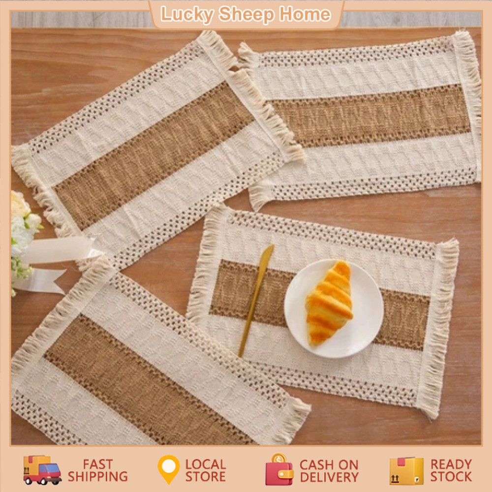 30*50cm Hemp Rope Rattan Placemat Woven Color Matching Stripes Fringed ...