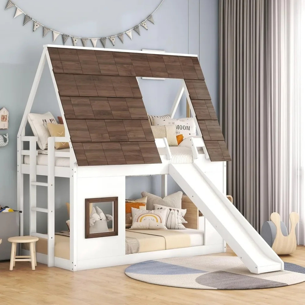 Twin Over Twin House Bunk Bed With Roof And Window Wood Low Bunk Bed ...