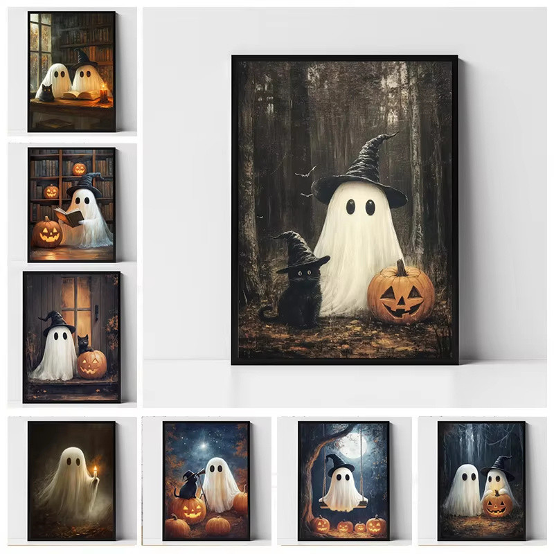 Cute Ghost Black Cat in The Dark Forest Canvas Print Ghost Swing Jack-o ...