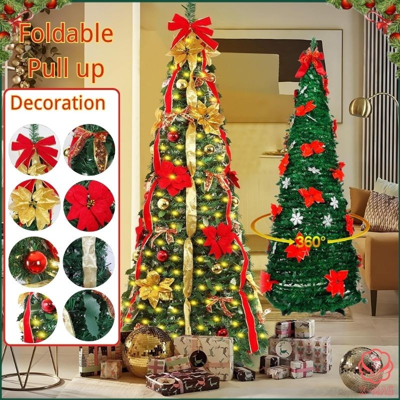 5-7FT Pop up Christmas Tree with Lights Foldable Pull up Xmas Tree with ...