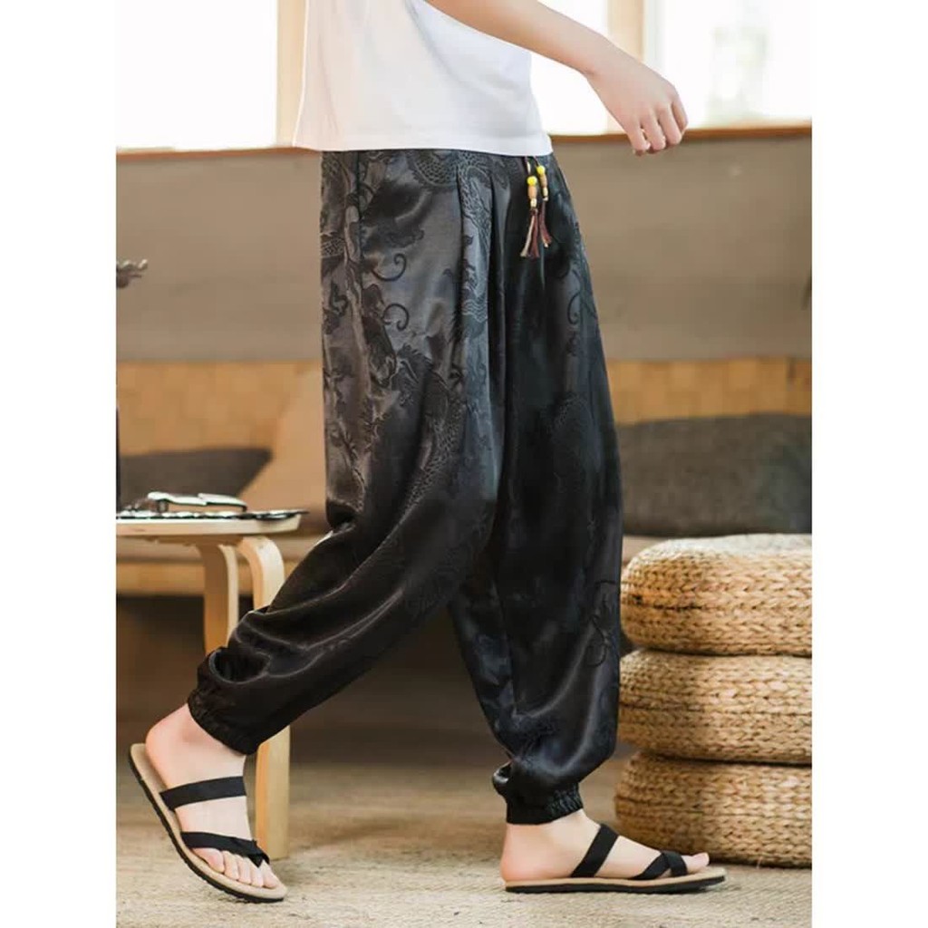 Chinese Style Hanfu Tang Suit Ice Silk Pants Men Thin Wide-Leg Harem ...