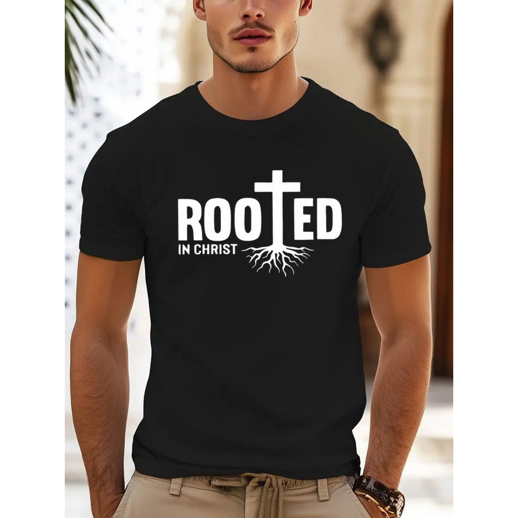 1pc Men'S Christian Faith T-Shirt - Rooted in Christ Cross Design ...