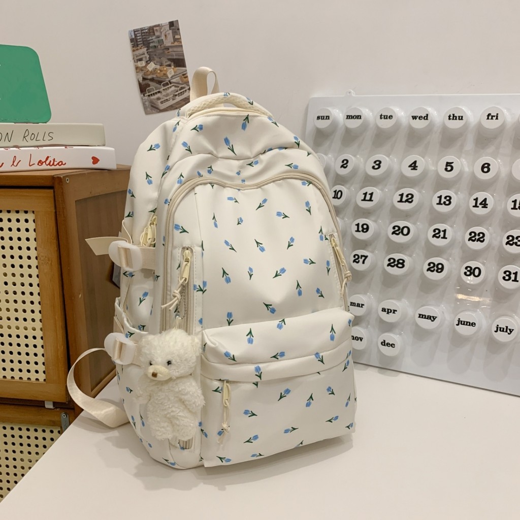 Fashionable printed rose women's backpack with multiple compartments ...